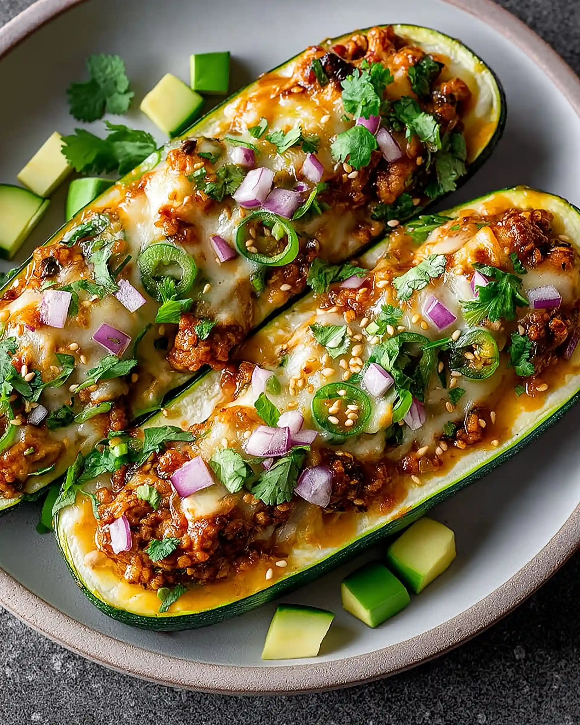 Sesame Chicken Stuffed Zucchini Boats
